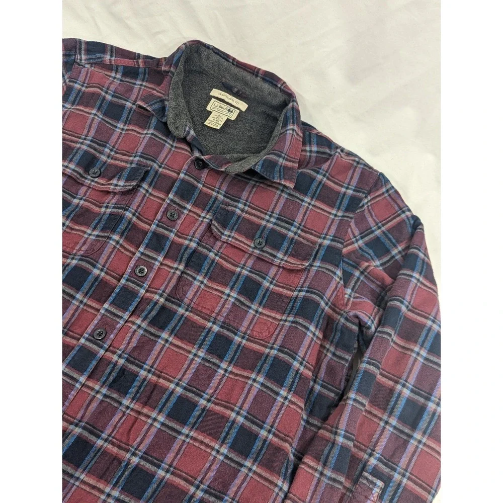 Vtg LL Bean Fleece Lined Flannel Shacket Plum Purpl Plaid Traditional Fit XL Reg